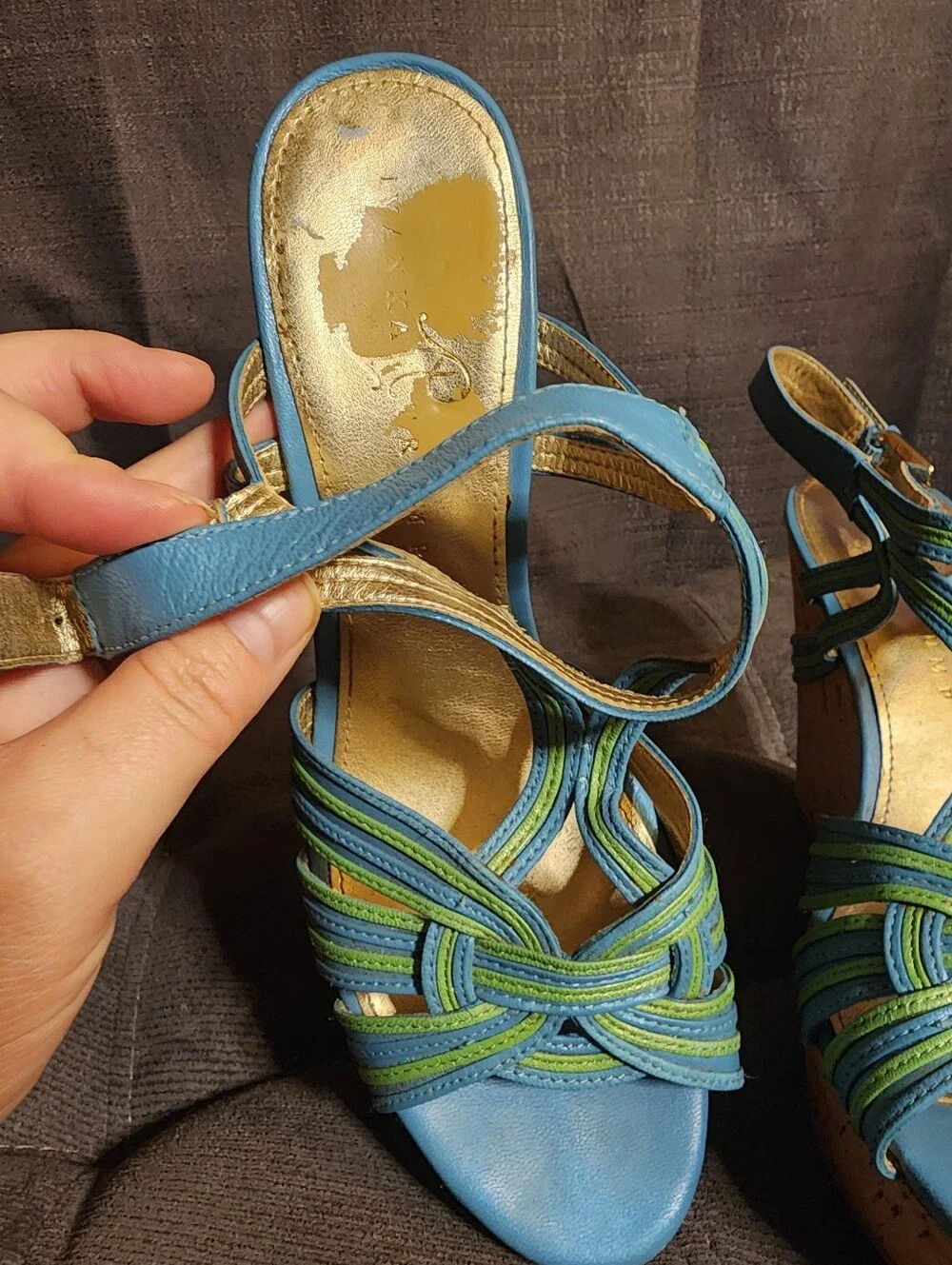 Ivanka Trump Blue Green Cork Platform Wedge Sandals Approx Size 7